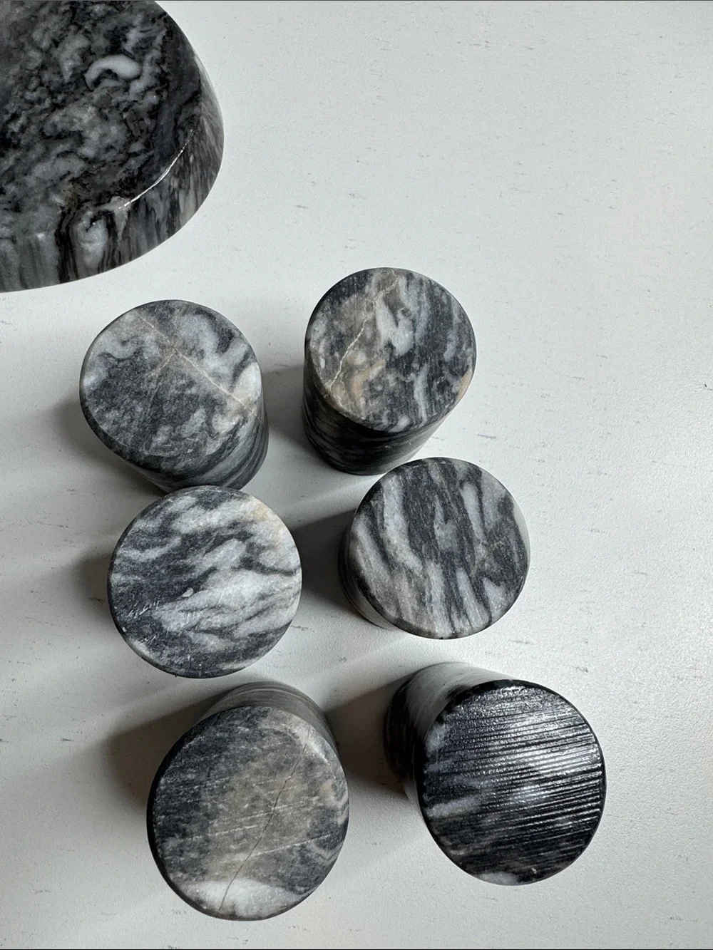 Vintage Gray Marble Six Cup Shot Glass Set with Oval Serving Tray – Hand Carved